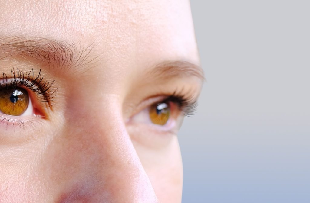 A close-up of healthy-looking hazel-coloured eyes staring at a distance.