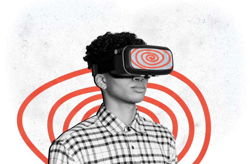 A stylized image of a person using VR and experiencing eye-related discomfort. Red spirals behind the the user and on their VR goggles represent dizziness and/or eye strain.