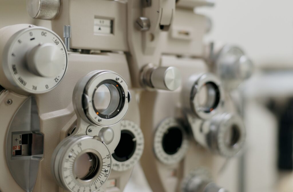 A close up of a phoropter at an optometry office