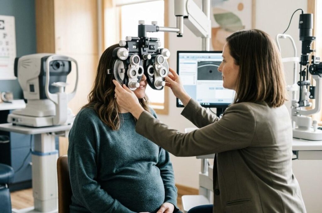 A pregnant person having an eye exam.
