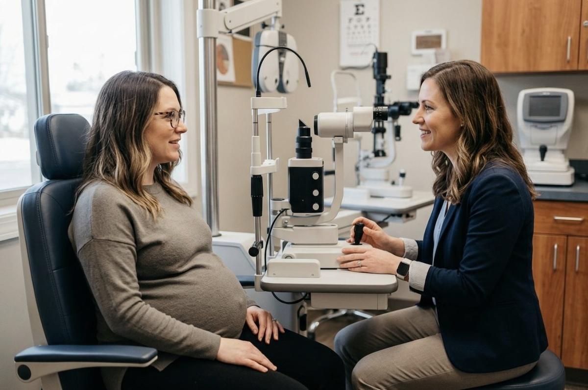 A pregnant person talking to an optometrist during a comprehensive eye exam.