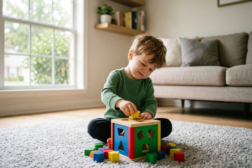 Child sitting cross-legged on a carpet, focused on fitting a yellow star shape into a colorful wooden shape-sorter toy in a living room.