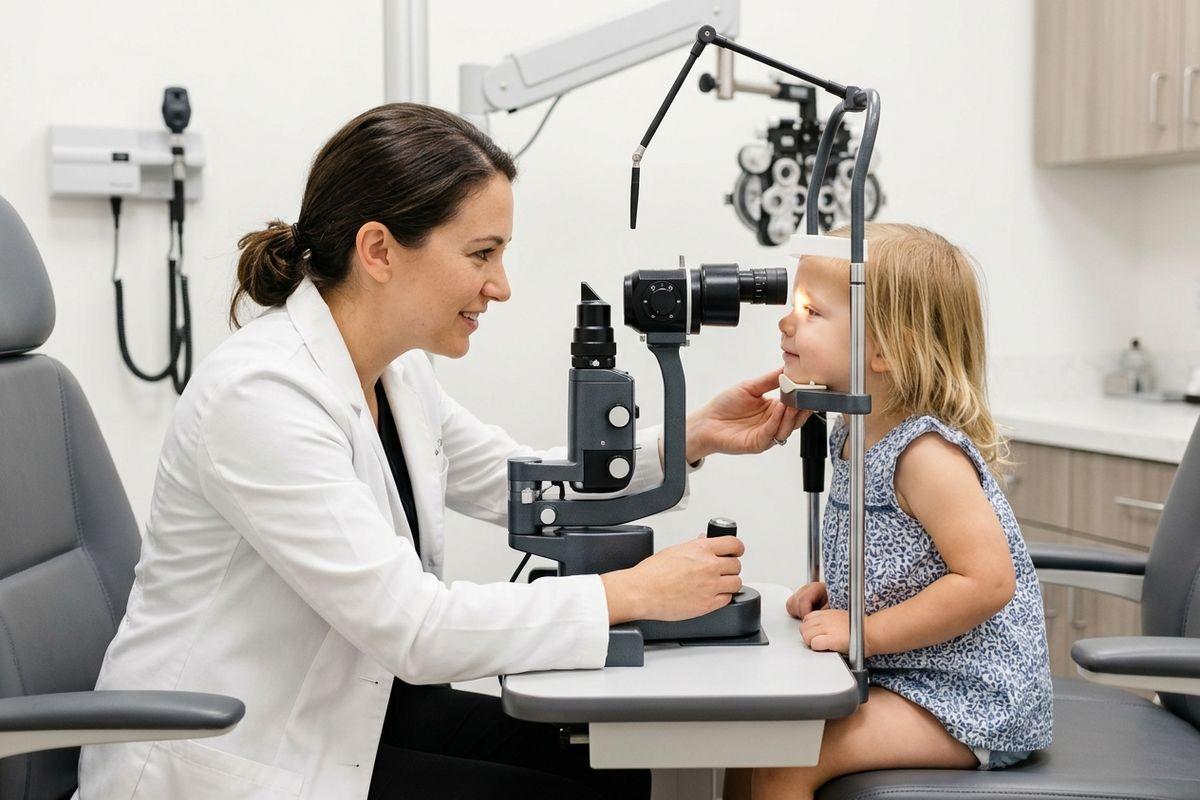 Smiling optometrist examines a young child's eye using a slit lamp in an eye exam room.