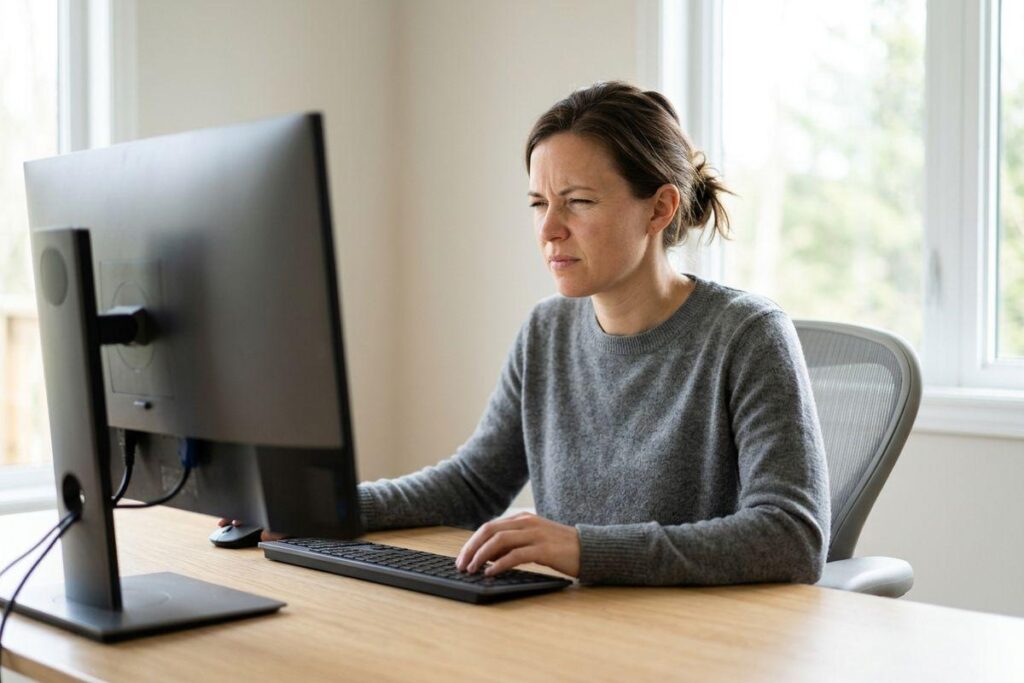 Adult sitting at a desk, squinting with a concerned expression at a desktop computer monitor while typing on a keyboard.