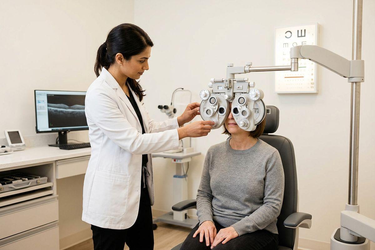 Optometrist adjusting a phoropter over a seated adult's eyes during an eye exam, with a Snellen chart visible on the wall.
