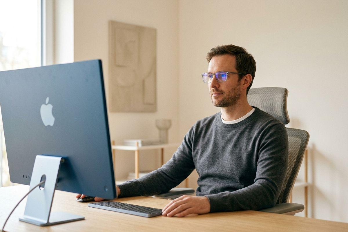 Adult wearing glasses sitting at a desk, focused on a large blue desktop computer monitor in an office.