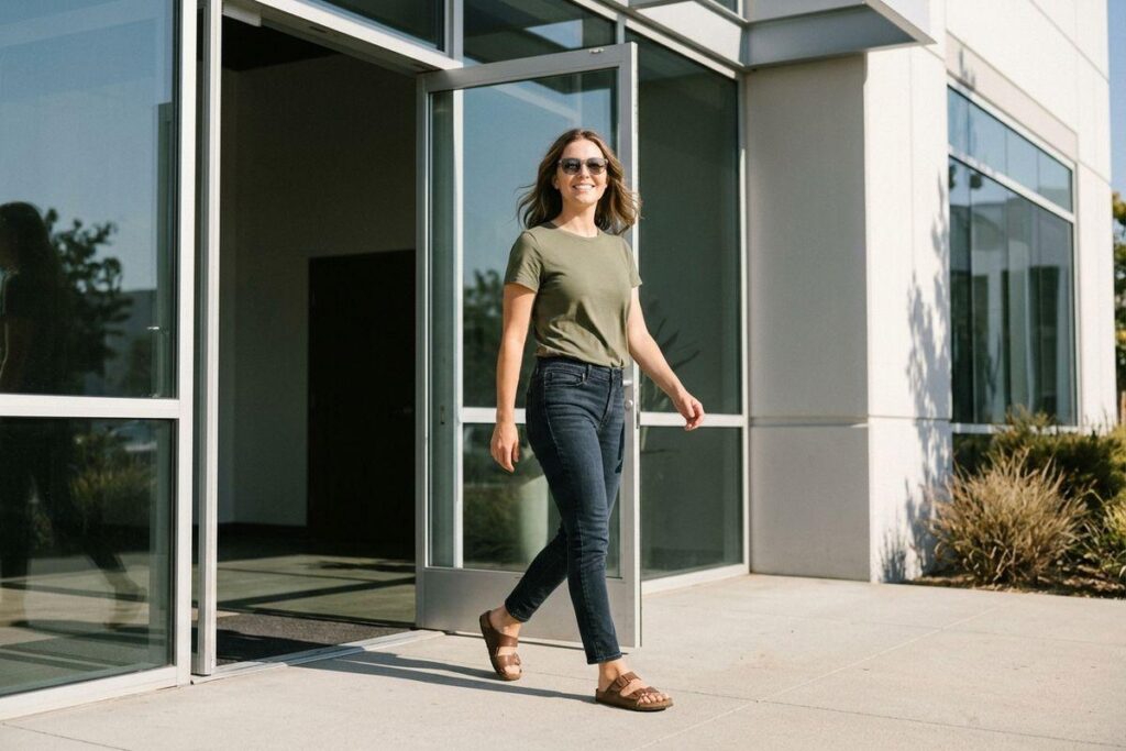 Smiling adult wearing sunglasses with transition lenses, walking out of a building on a sunny day.