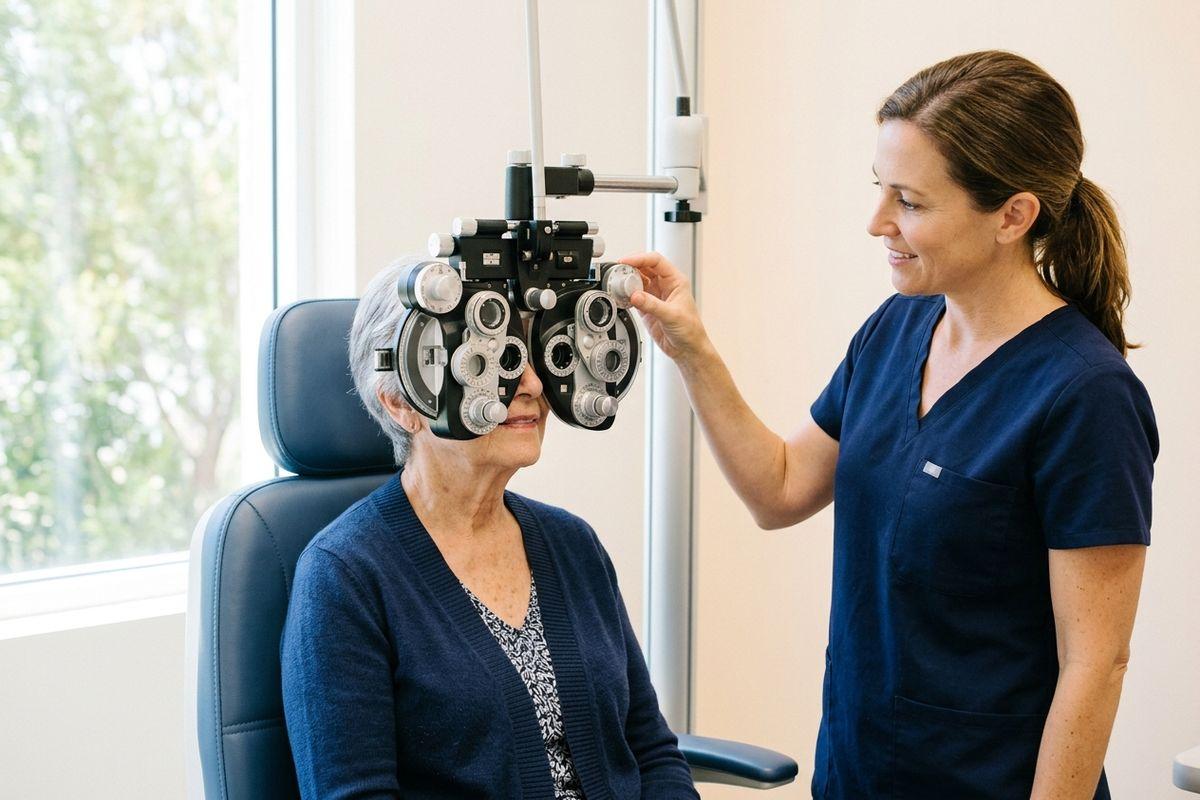 Optometrist adjusting a phoropter over an older adult seated in an exam chair during an eye exam.