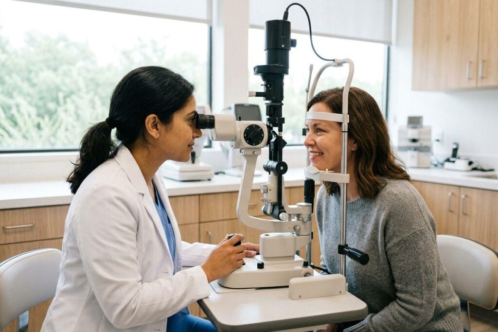 Optometrist looks through a slit lamp to examine a smiling patient's eyes in a clinical eye exam room.